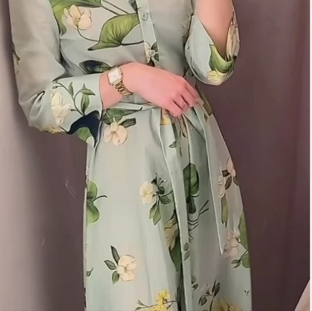 Zara Mint Green Floral Full Botton Down Midi Shirt Dress - Picture 5 of 5